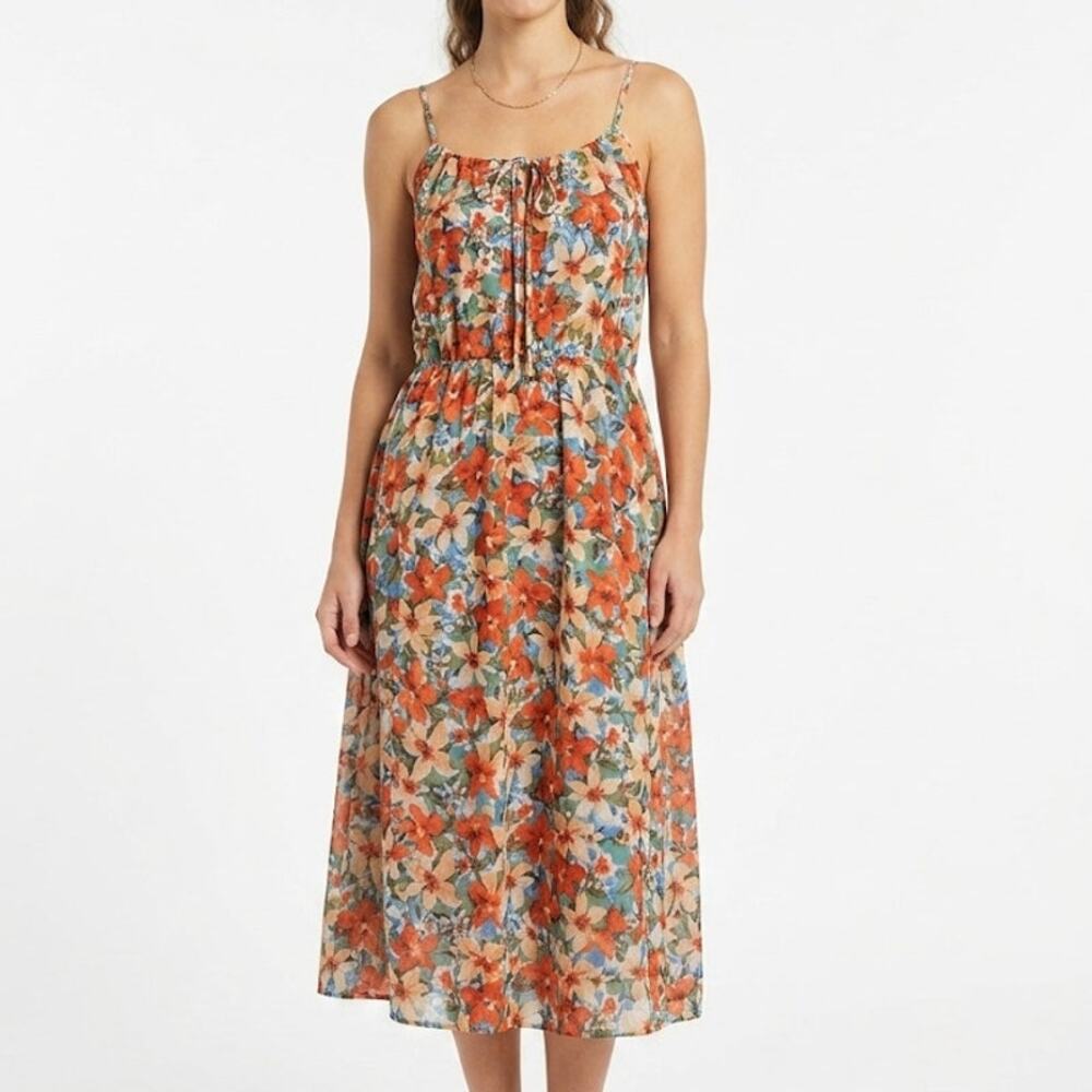IZZO Floral Midi Sundress Tie-Front Keyhole Cottagecore Floral Tropical Large